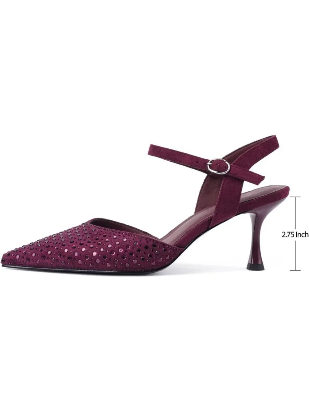 Women Burgundy Rhinestone Slingback Kitten Pointed Closed Toe Pump Stiletto Heel
